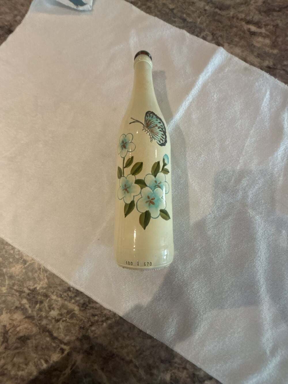 Hand Painted Ceramic Bottle Vase with Blue Flowers and Butterfly